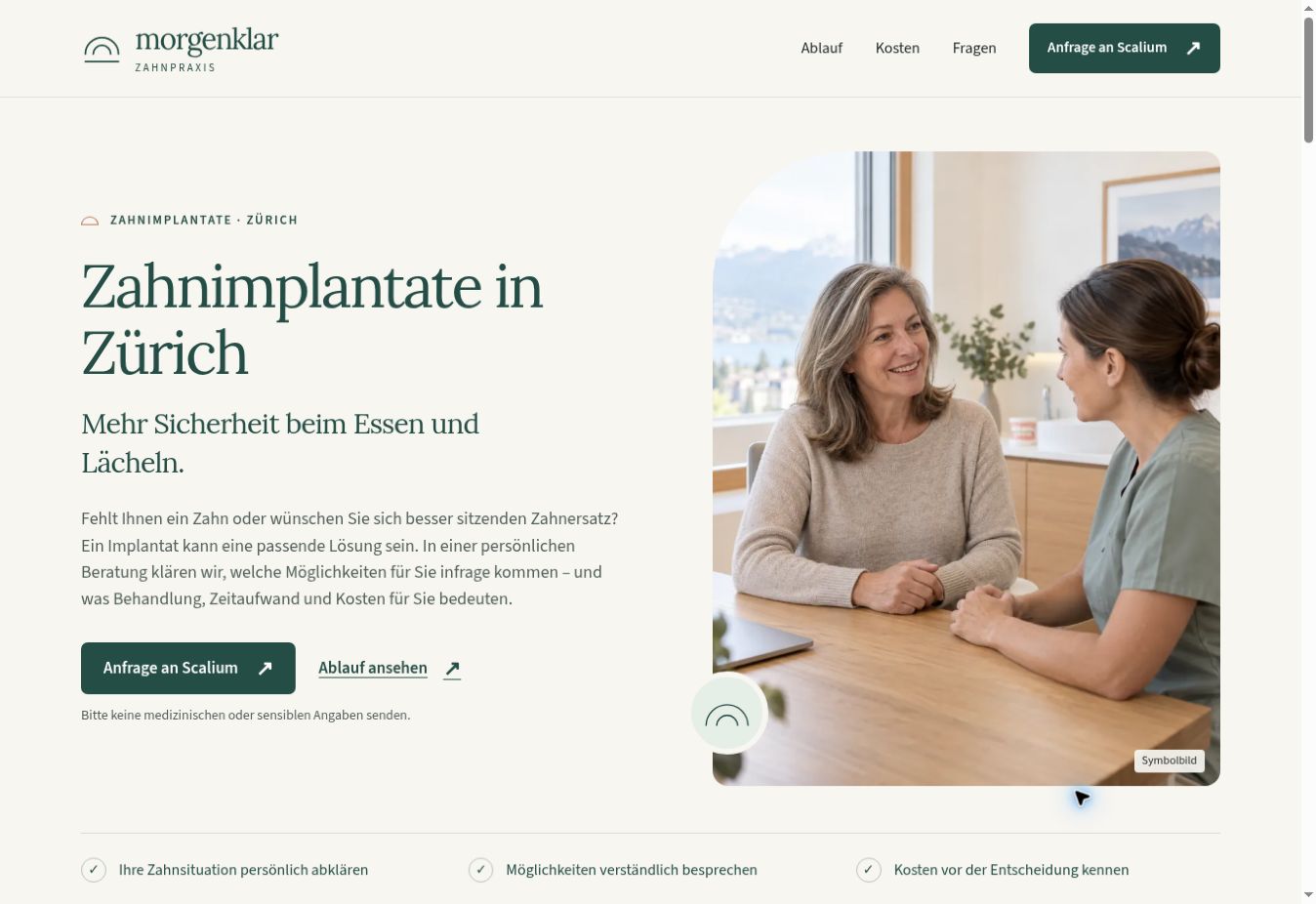 Vorschau der Implantate-Demo: Einstieg der fiktiven Zahnpraxis Morgenklar mit Behandlungsinformationen und Kontaktmöglichkeit.